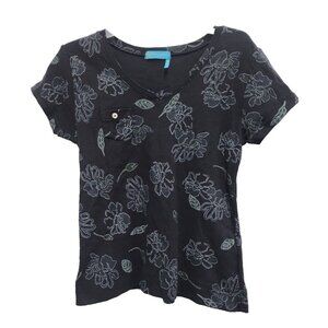 Fresh Produce Womens T-Shirt Small Black Floral Short Sleeve V-Neck Pocket Tee